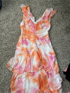 Wayf Pink & Orange Ruffle V-Neck Maxi Dress